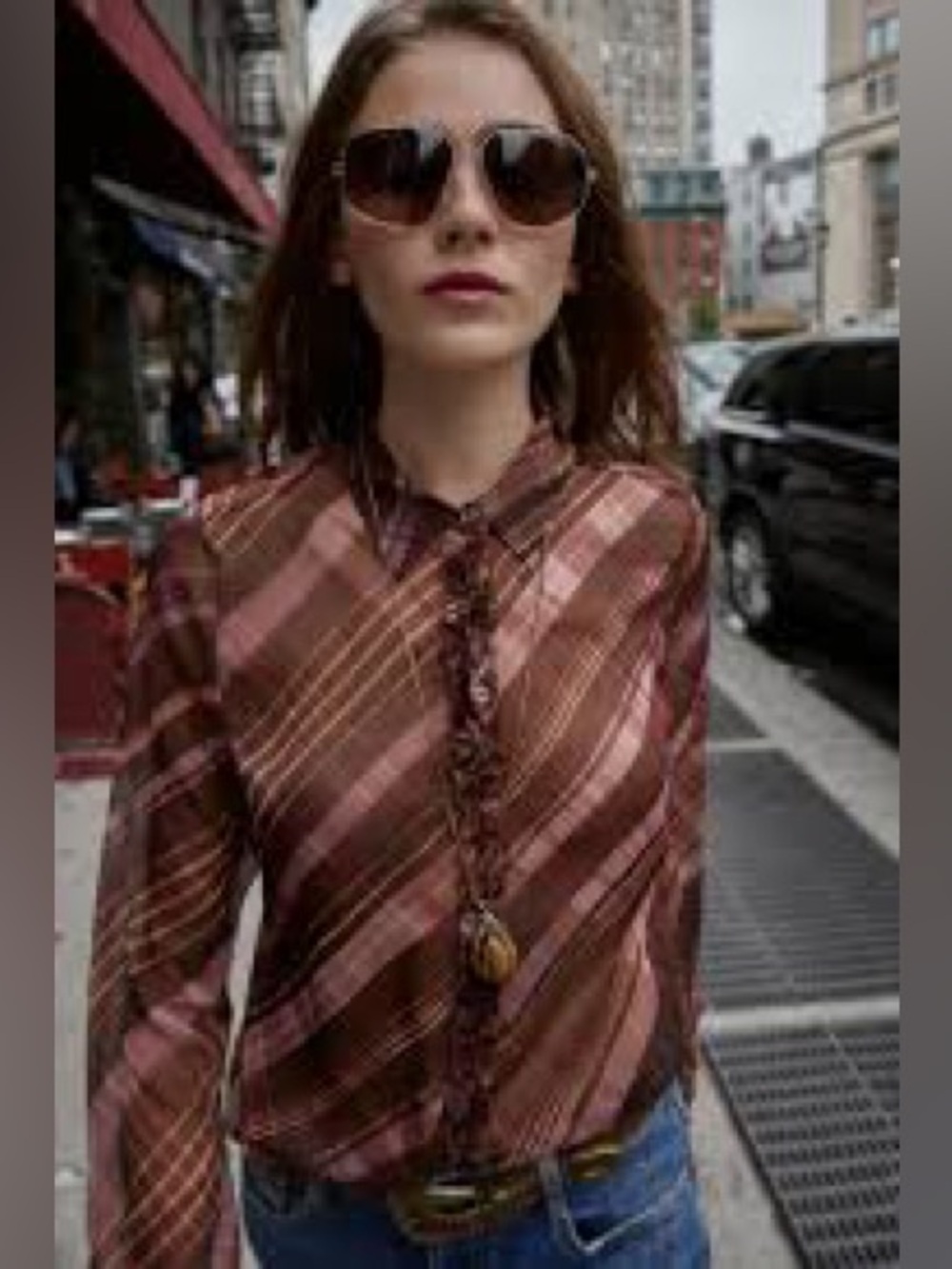 ZARA PLAID SHEER BUTTON DOWN BLOUSE